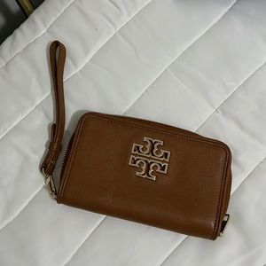 Tory Burch brown leather wristlet